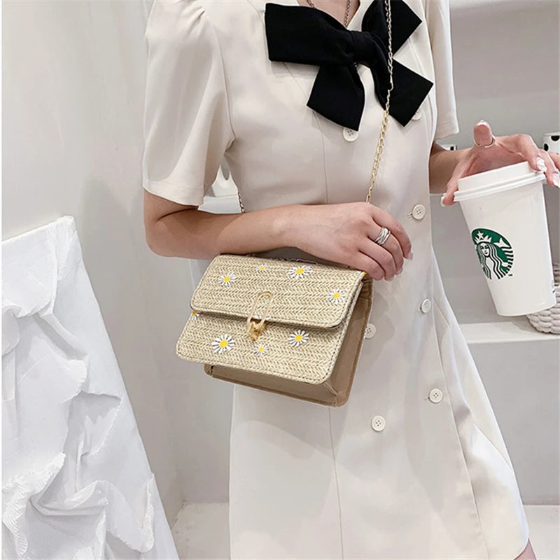 Women Straw Shoulder Bag Retro Flower Woven Chain Messenger Tote Handbag