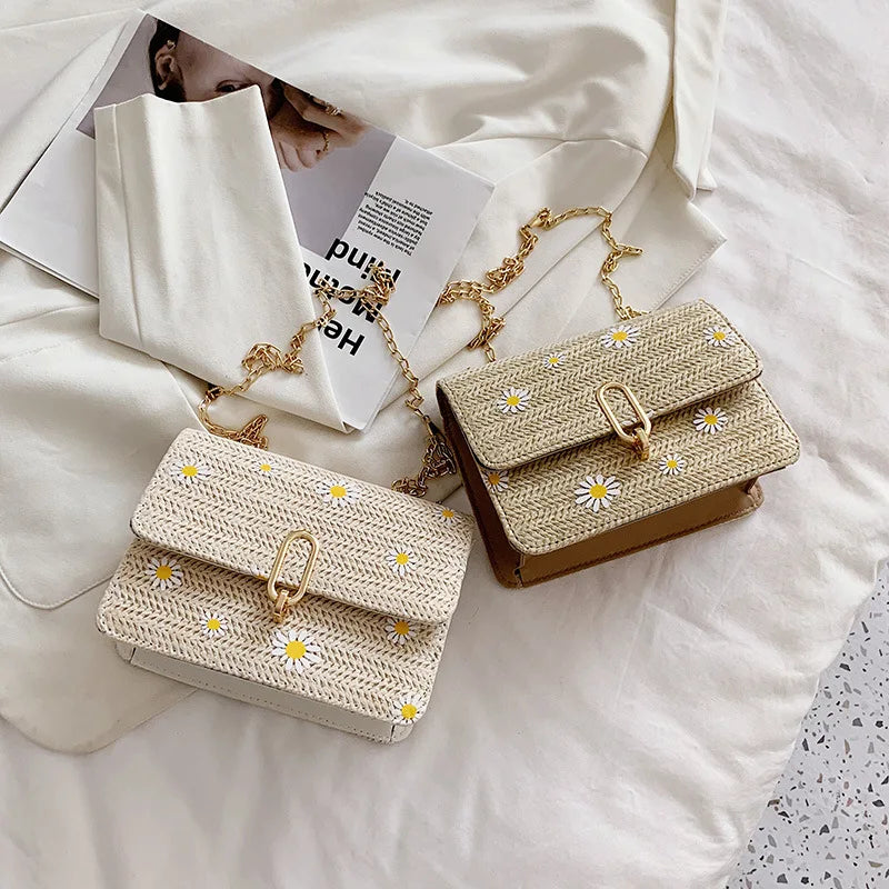 Women Straw Shoulder Bag Retro Flower Woven Chain Messenger Tote Handbag