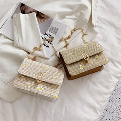 Women Straw Shoulder Bag Retro Flower Woven Chain Messenger Tote Handbag