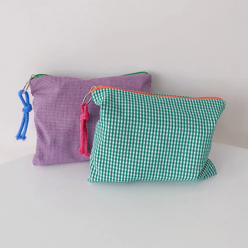 Women Purse Makeup Bag Clutch Organizer Plaid Cosmetic Pouch