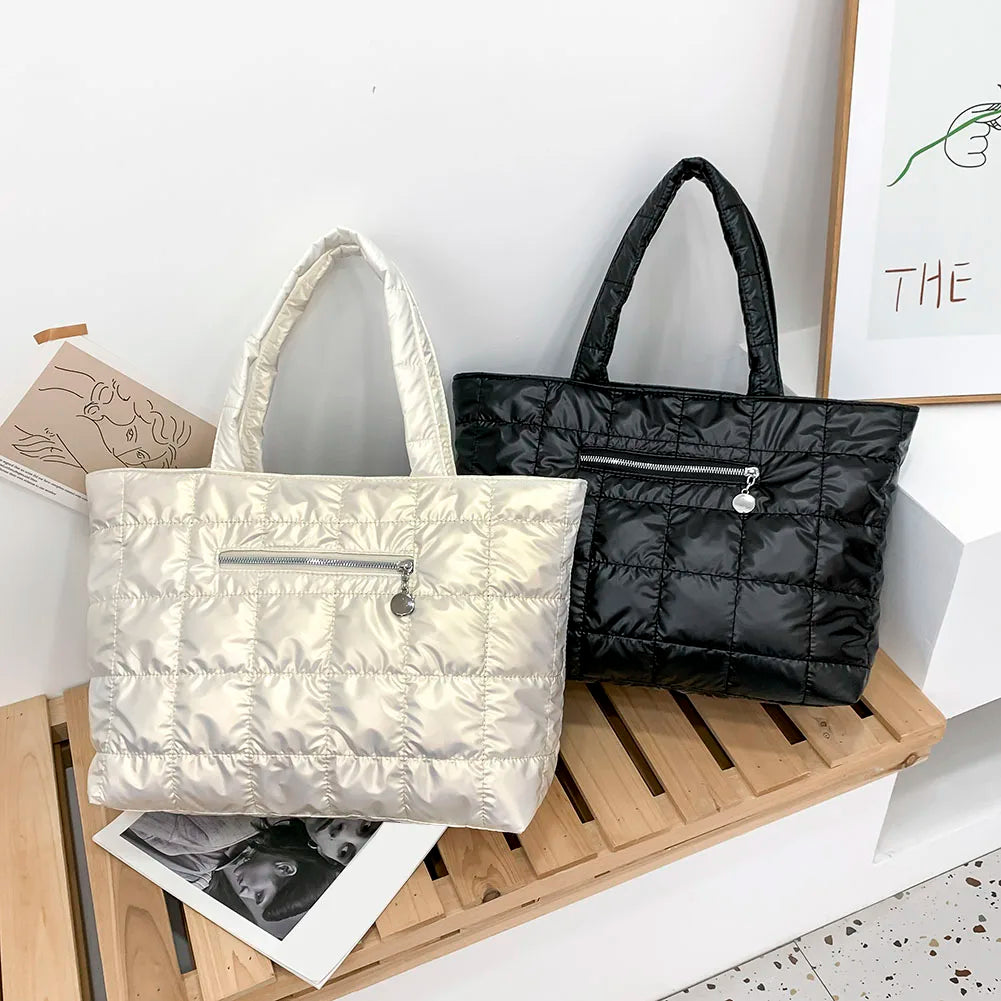 Women Lattice Pattern Nylon Shoulder Bag Large Tote Bag