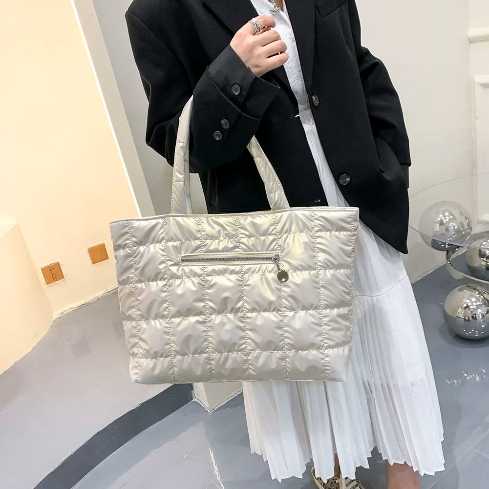 Women Lattice Pattern Nylon Shoulder Bag Large Tote Bag