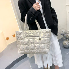 Women Lattice Pattern Nylon Shoulder Bag Large Tote Bag