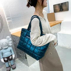 Women Lattice Pattern Nylon Shoulder Bag Large Tote Bag