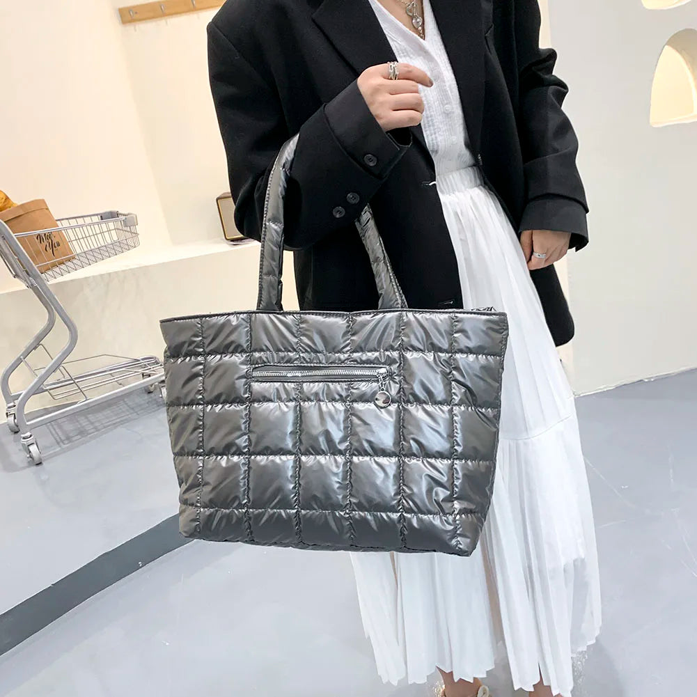 Women Lattice Pattern Nylon Shoulder Bag Large Tote Bag