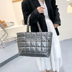 Women Lattice Pattern Nylon Shoulder Bag Large Tote Bag
