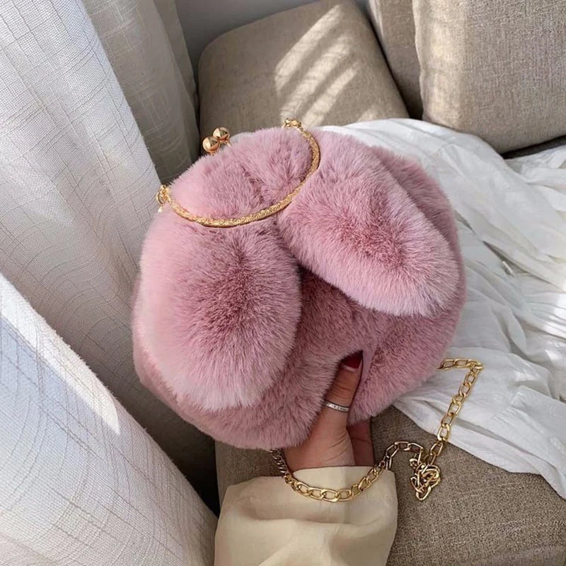 Women Rabbit Ear Chain Plush Bag Girls Evening Clutch Purse Handbag Shoulder