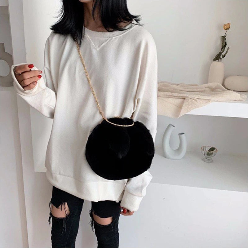 Women Rabbit Ear Chain Plush Bag Girls Evening Clutch Purse Handbag Shoulder