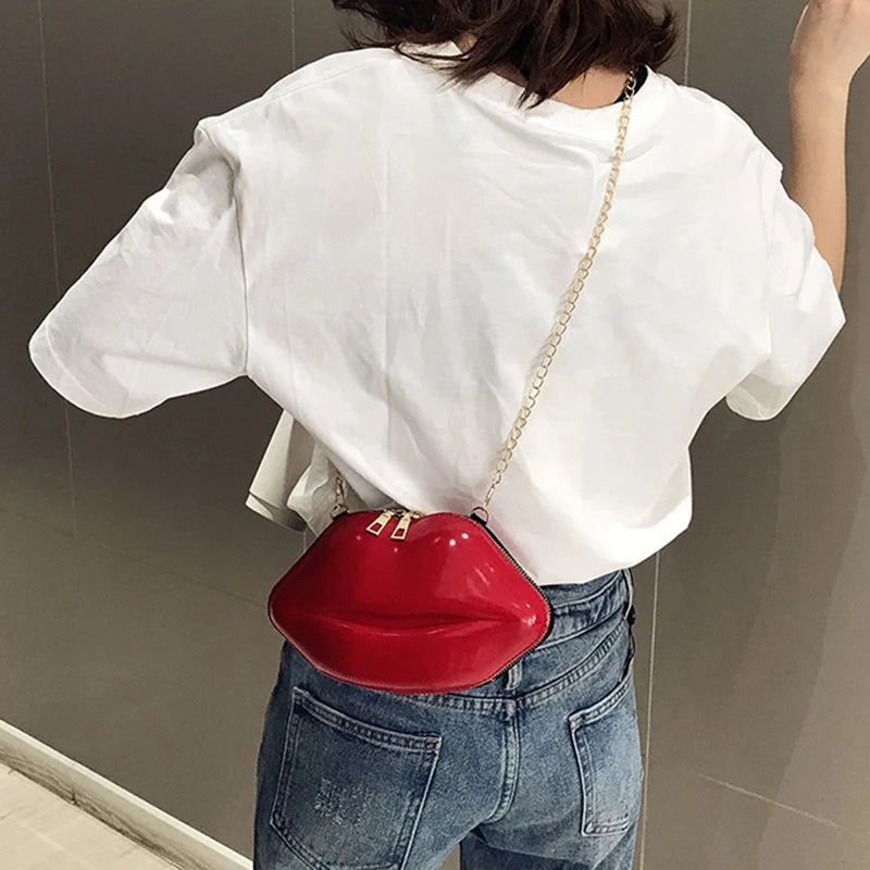 Women Red Lips Clutch Bag Chain Shoulder Evening Bag Purse
