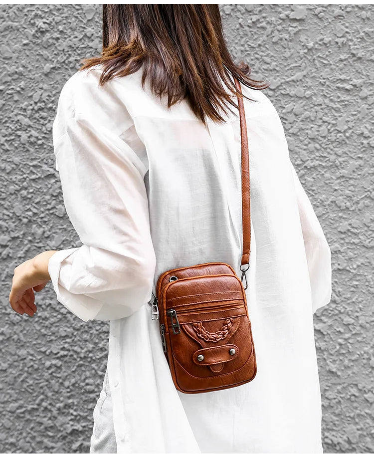 Retro Leather Crossbody Bag for Women Small Phone Shoulder Handbag