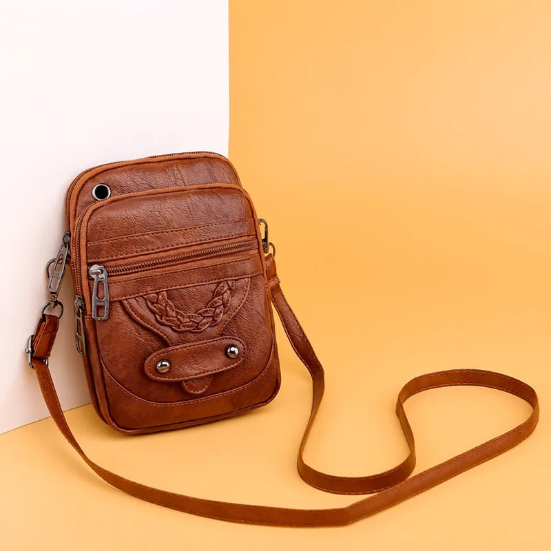 Retro Leather Crossbody Bag for Women Small Phone Shoulder Handbag
