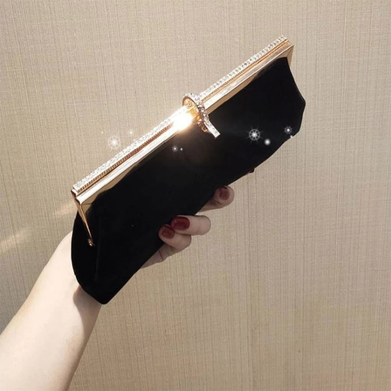 Velvet Evening Clutch Bag with Rhinestone Buckle Chain