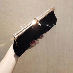 Velvet Evening Clutch Bag with Rhinestone Buckle Chain