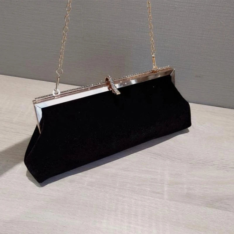 Velvet Evening Clutch Bag with Rhinestone Buckle Chain
