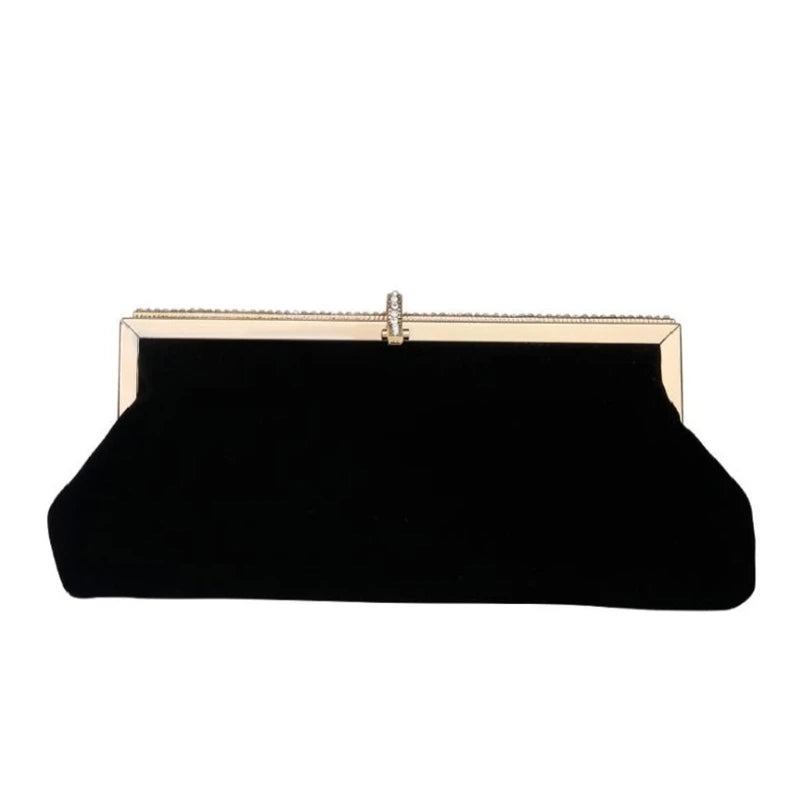 Velvet Evening Clutch Bag with Rhinestone Buckle Chain