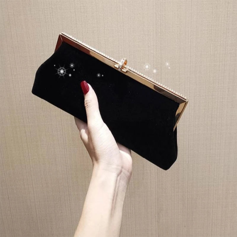 Velvet Evening Clutch Bag with Rhinestone Buckle Chain