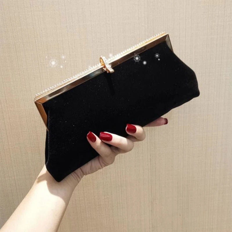 Velvet Evening Clutch Bag with Rhinestone Buckle Chain