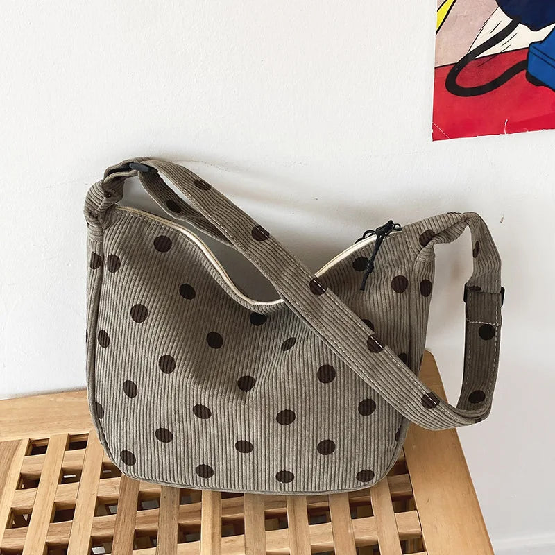 Retro Corduroy Wave Dot Tote Bag Soft Stripe Crossbody Handbag