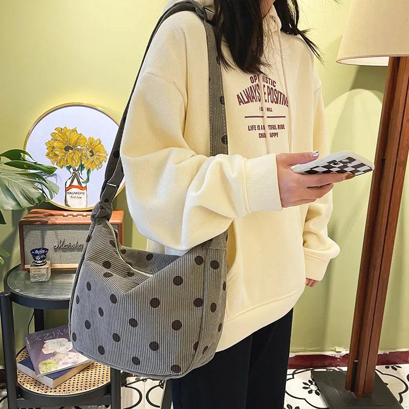 Retro Corduroy Wave Dot Tote Bag Soft Stripe Crossbody Handbag