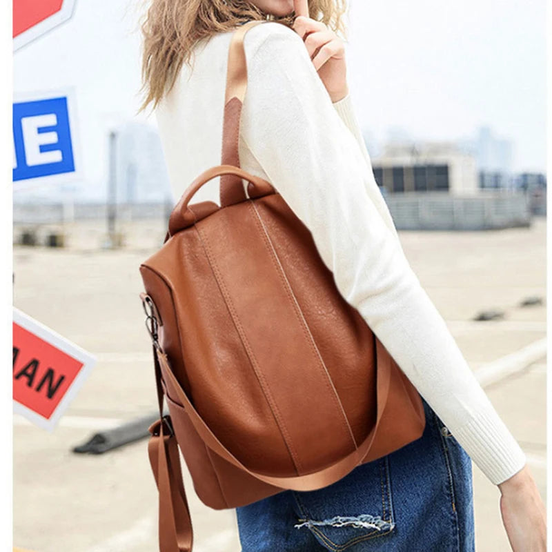 Women Retro Leather Backpack College Preppy School Bag For Student Laptop Girls