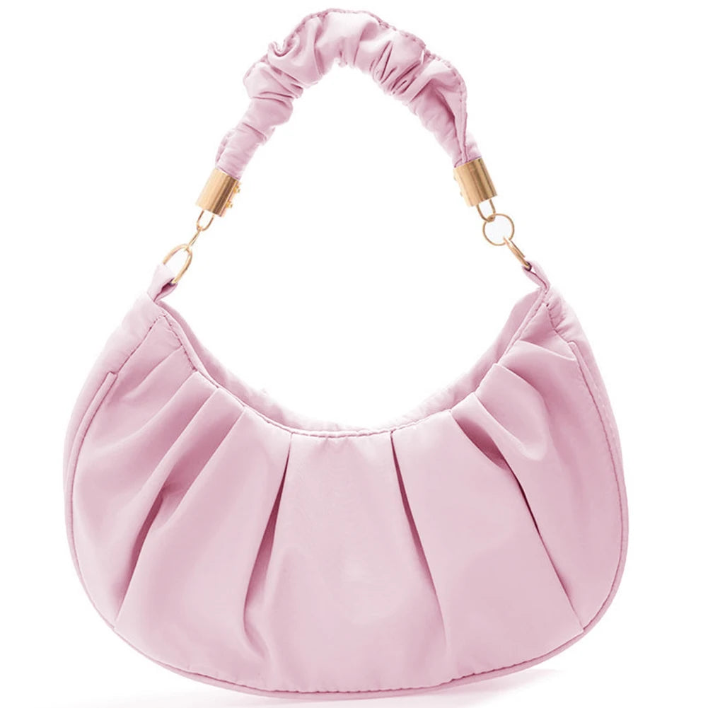 Women Retro Pleated Hobos Shoulder Bag Solid Leather Underarm Bags