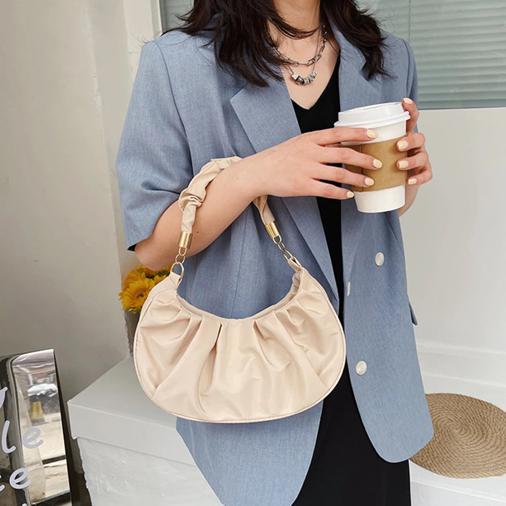 Women Retro Pleated Hobos Shoulder Bag Solid Leather Underarm Bags