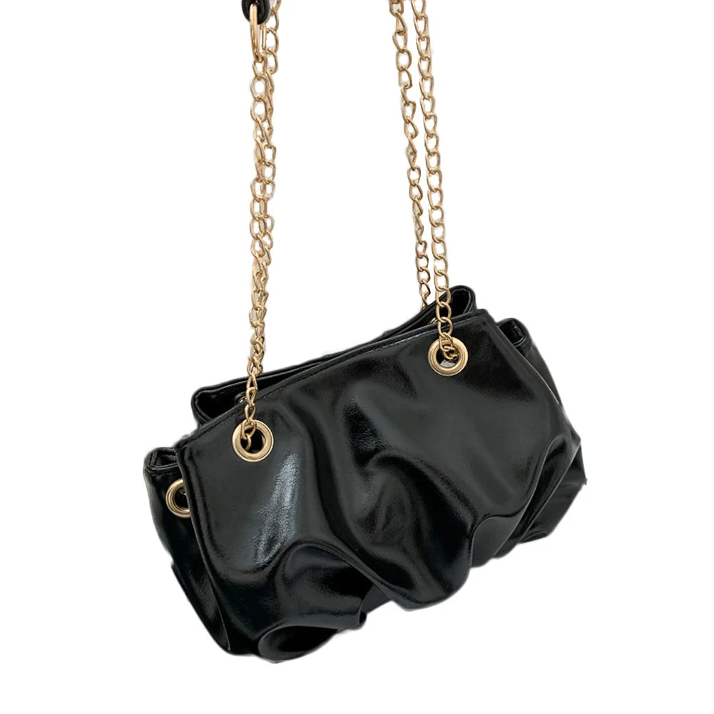 Retro Shoulder Bag Cloud Shape Cross Body Purse Chain Ruched Handbag