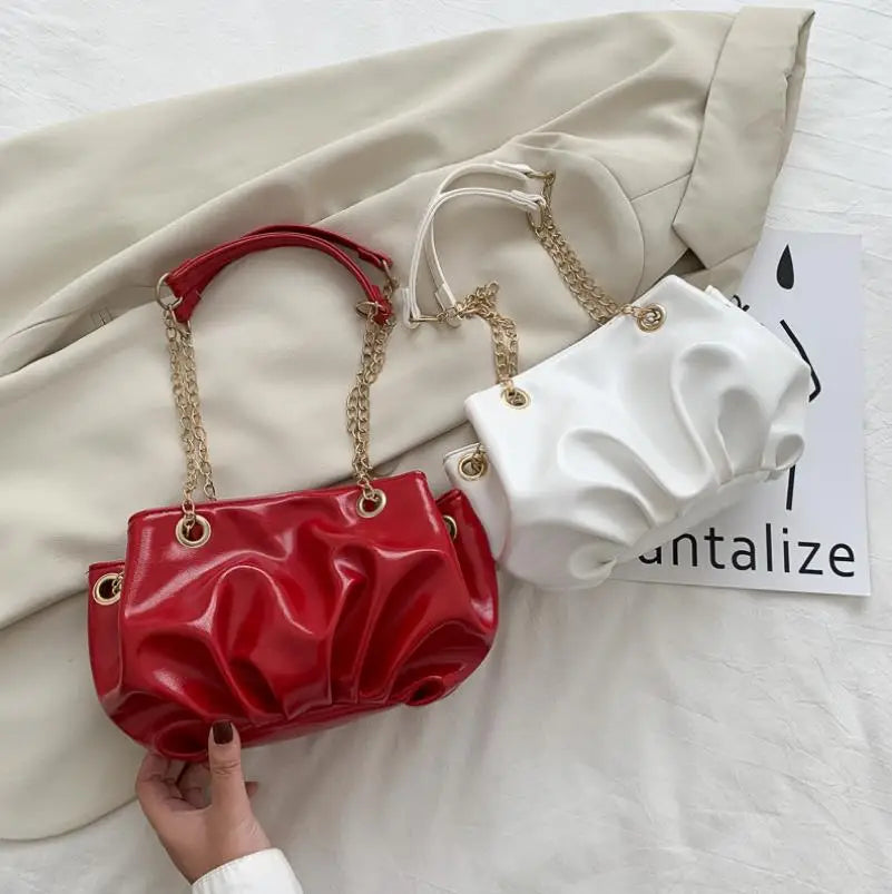 Retro Shoulder Bag Cloud Shape Cross Body Purse Chain Ruched Handbag