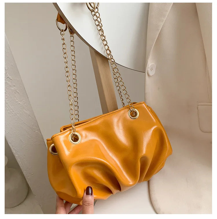 Retro Shoulder Bag Cloud Shape Cross Body Purse Chain Ruched Handbag