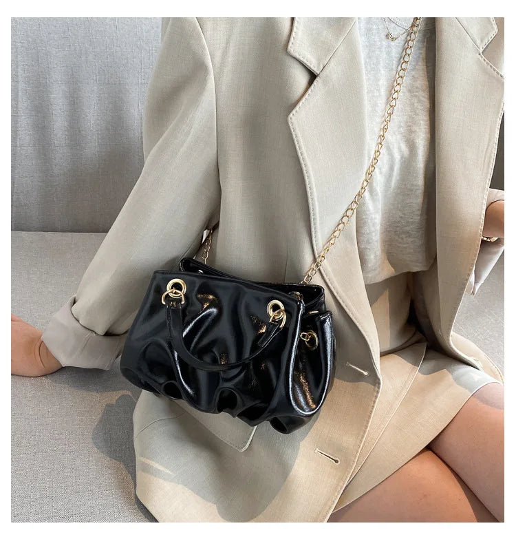 Retro Shoulder Bag Cloud Shape Cross Body Purse Chain Ruched Handbag