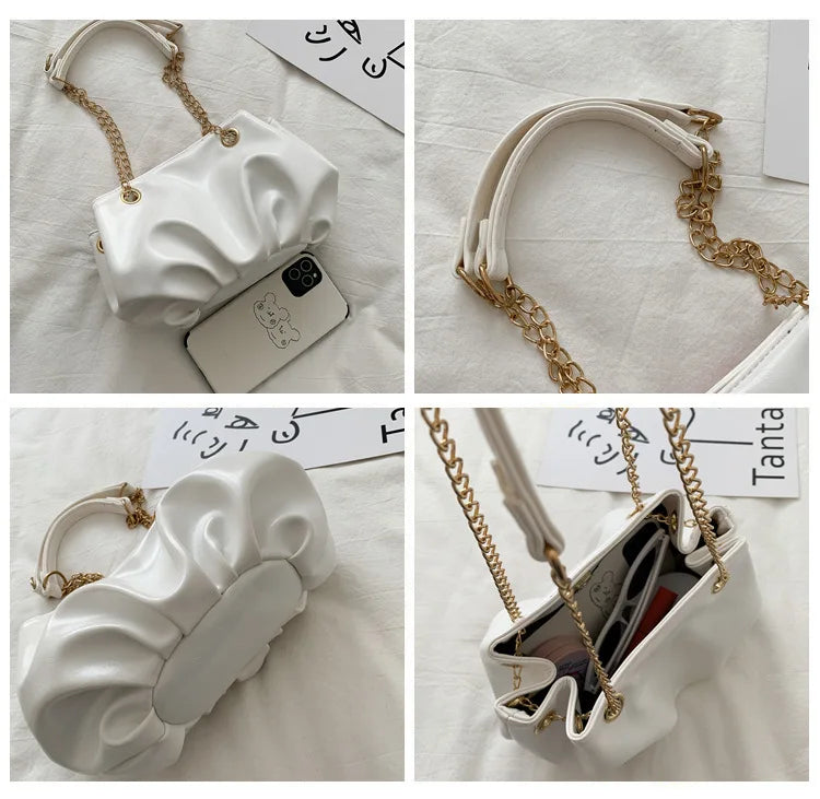 Retro Shoulder Bag Cloud Shape Cross Body Purse Chain Ruched Handbag