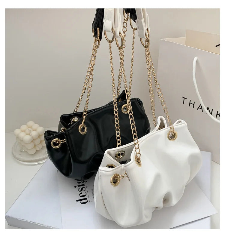 Retro Shoulder Bag Cloud Shape Cross Body Purse Chain Ruched Handbag