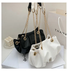 Retro Shoulder Bag Cloud Shape Cross Body Purse Chain Ruched Handbag