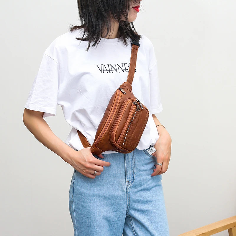 Women Retro Waist Bag Soft PU Leather Multifunctional Chest Bag