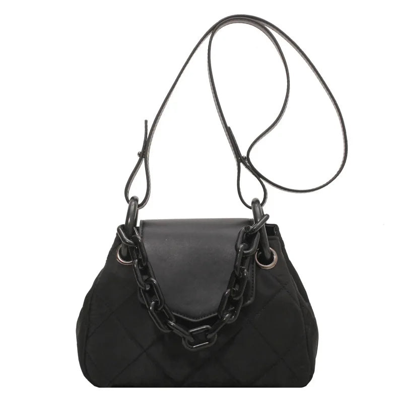 Women Retro Shoulder Chain Bag Nylon Rhombus Crossbody Bag