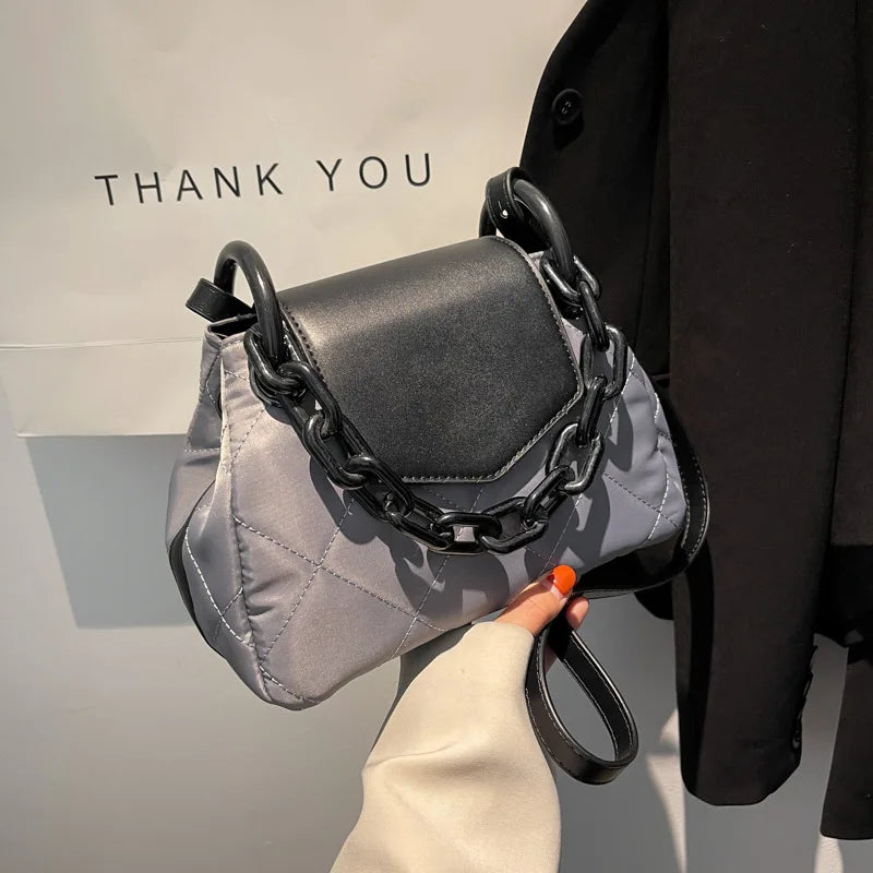 Women Retro Shoulder Chain Bag Nylon Rhombus Crossbody Bag