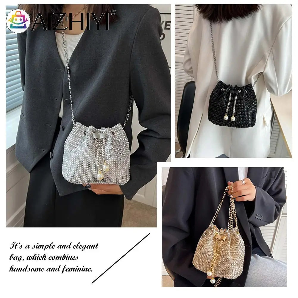 Women Rhinestone Bucket Messenger Bags Purse Crossbody Bag for Outdoor Shopping