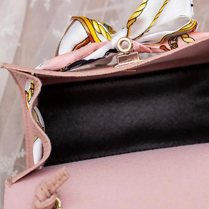 Women Ribbon Bow Mini Flap Hangbag Wallet Shoulder Bag Totes with Scarf