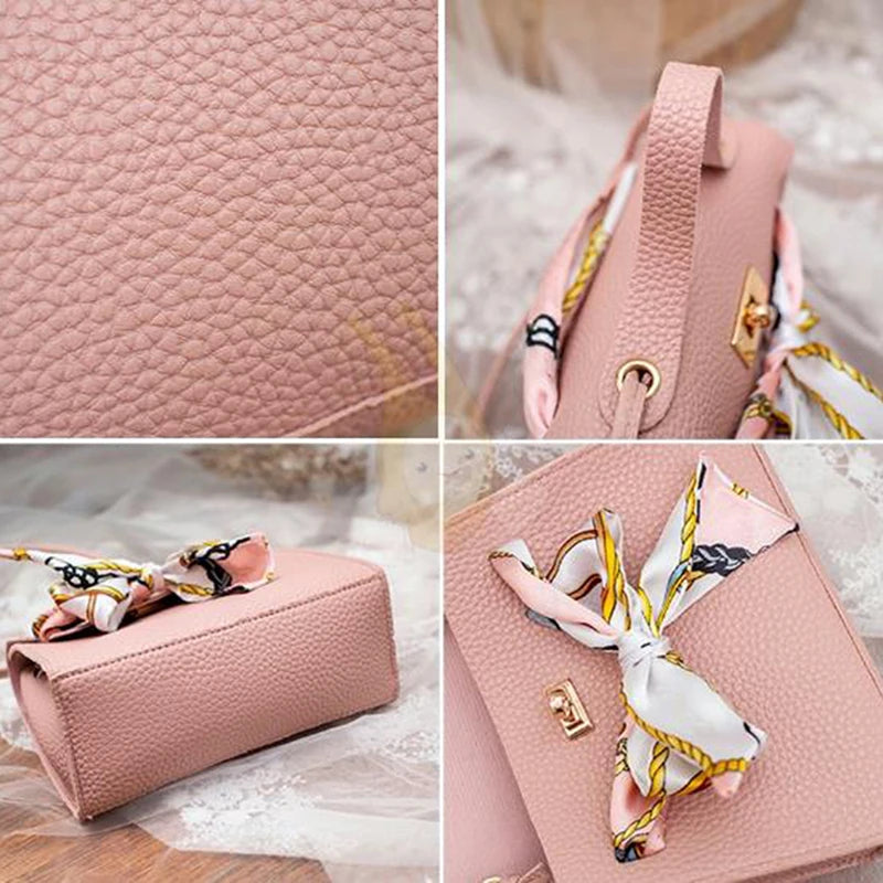 Women Ribbon Bow Mini Flap Hangbag Wallet Shoulder Bag Totes with Scarf