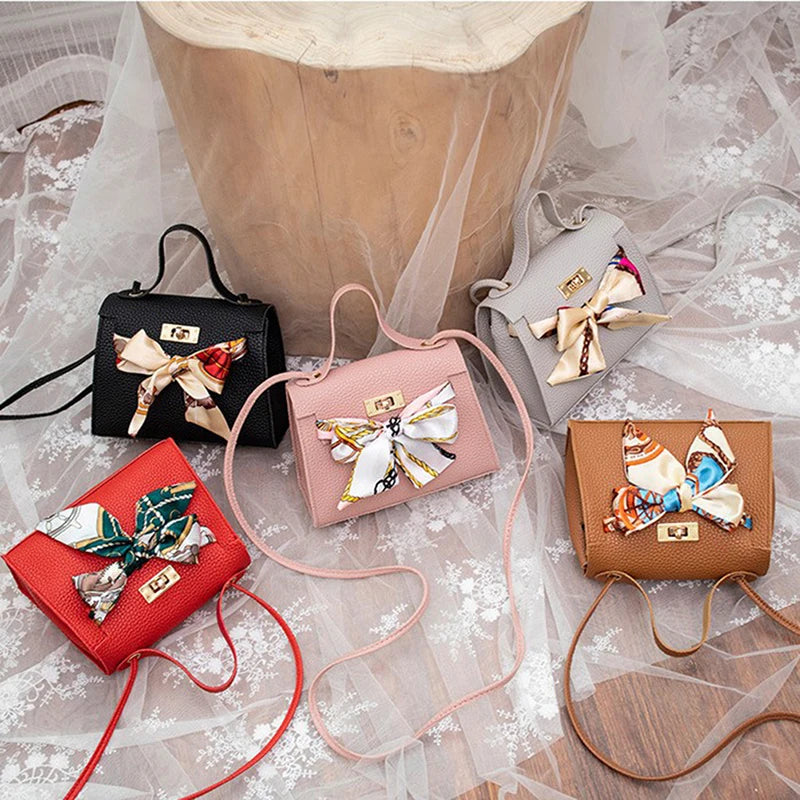 Women Ribbon Bow Mini Flap Hangbag Wallet Shoulder Bag Totes with Scarf