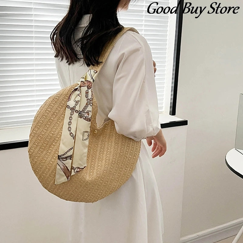 Women Round Straw Bucket Bag Shoulder Purse Beach Totes B