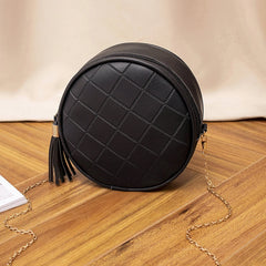 Women Leather Round Shoulder Bag Tassel Circular Plaid Purse Crossbody Messenger