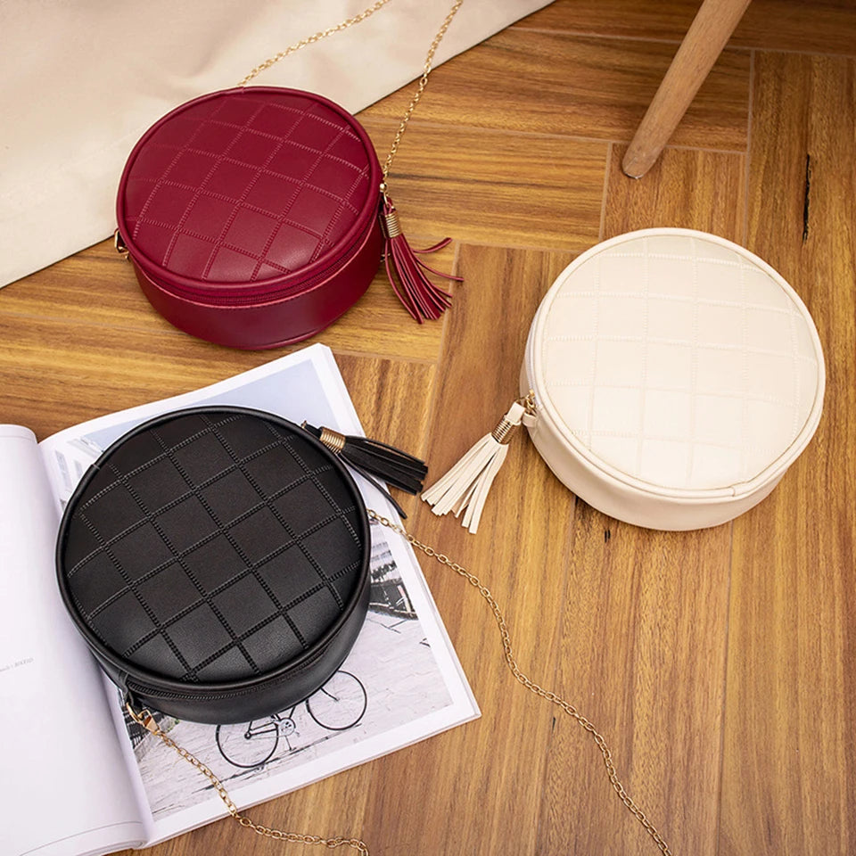 Women Leather Round Shoulder Bag Tassel Circular Plaid Purse Crossbody Messenger