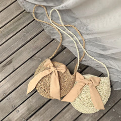 Women Round Straw Bag Beach Wind Bow Messenger Crossbody Bags