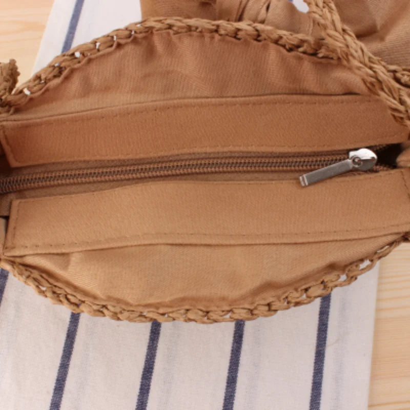Women Round Straw Bag Beach Wind Bow Messenger Crossbody Bags