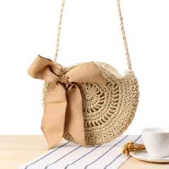 Women Round Straw Bag Beach Wind Bow Messenger Crossbody Bags