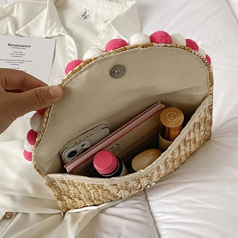 Vintage Round Straw Beach Bag Woven Shoulder Rattan Bohemian Clutch