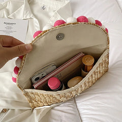 Vintage Round Straw Beach Bag Woven Shoulder Rattan Bohemian Clutch
