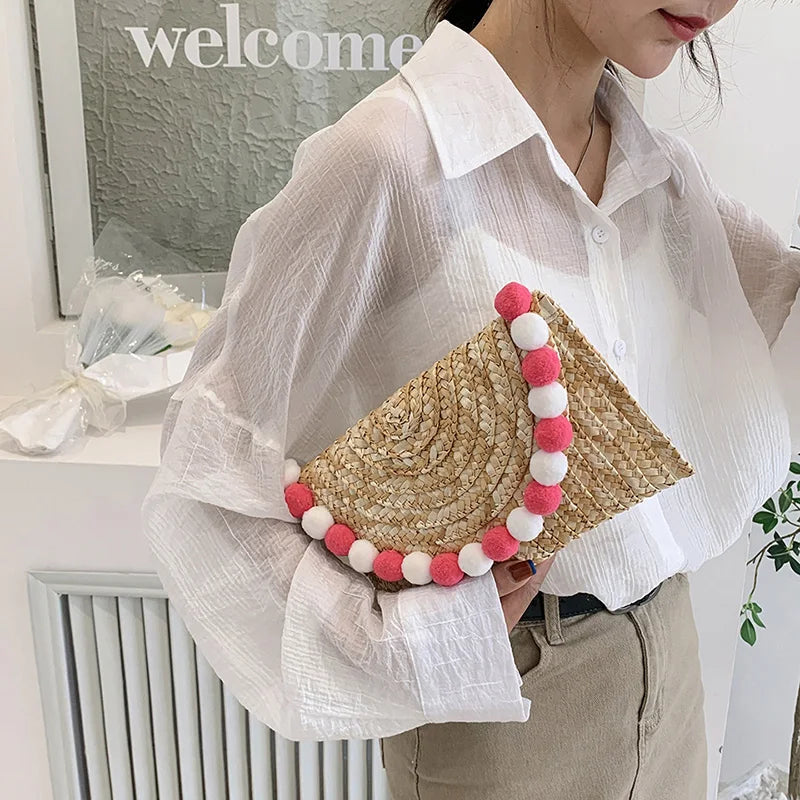 Vintage Round Straw Beach Bag Woven Shoulder Rattan Bohemian Clutch
