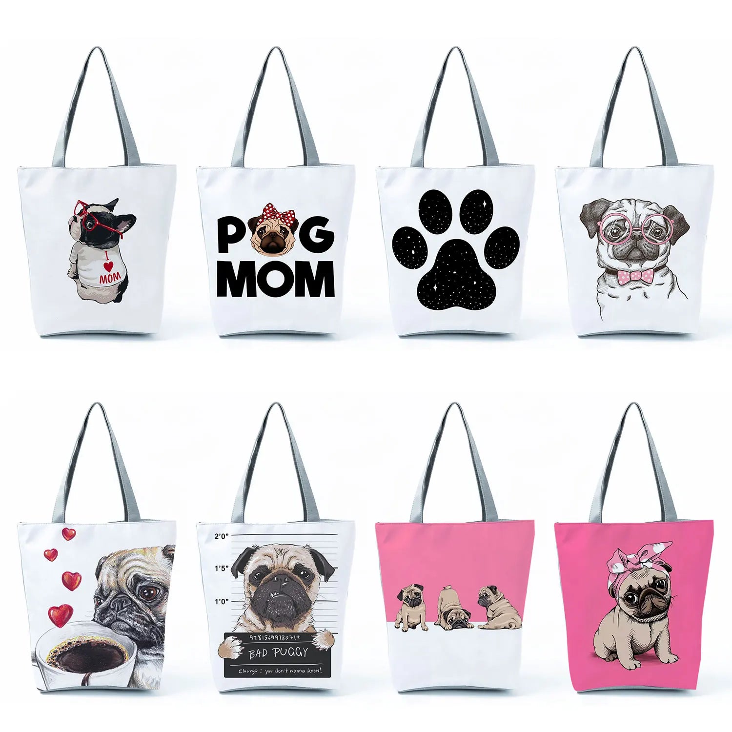 Dog Paw Pug Tote Handbag Animal Eco Shopper Bag